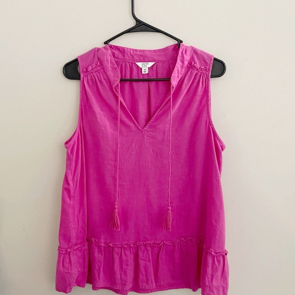 Crown & Ivy Pink Linen Ruffle Trim Top Preppy Vacation Spring Summer Boating - Picture 2 of 5